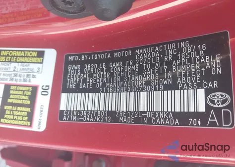 2016 Toyota Corolla Le from USA, damaged, VIN 2T1BURHEXGC730919